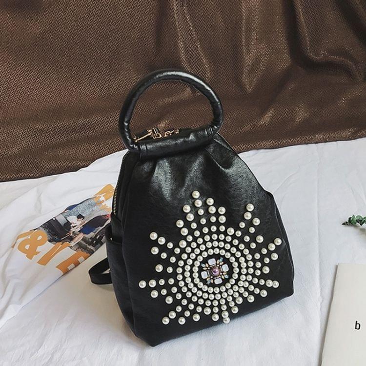 Pearl Sun PU Leather Double Shoulders School Bag Travel Backpack Bag (Black)
