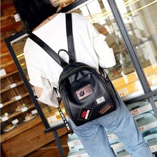 Fashion Element Pattern Multifunctional PU Leather Double Shoulders School Bag Travel Backpack Bag (Black)