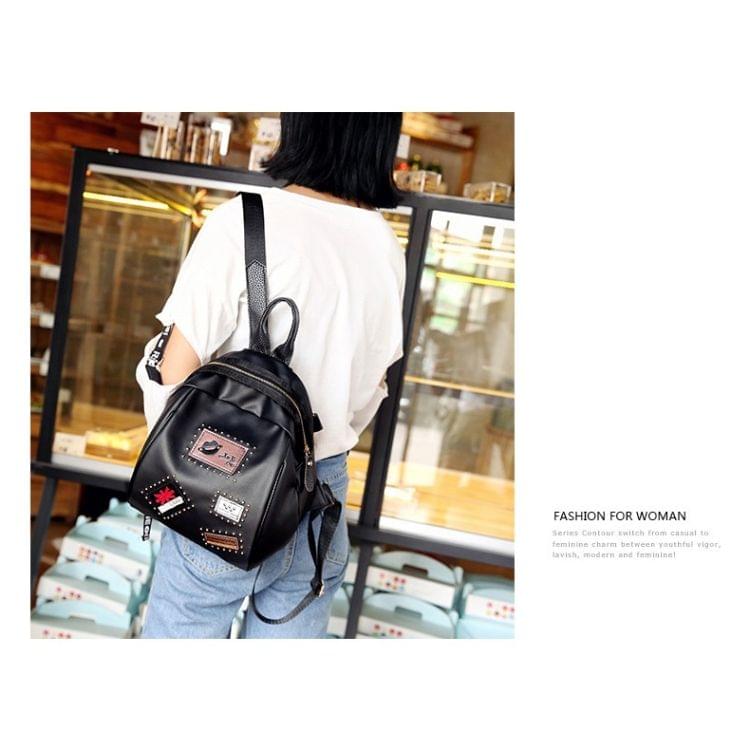 Fashion Element Pattern Multifunctional PU Leather Double Shoulders School Bag Travel Backpack Bag (Black)