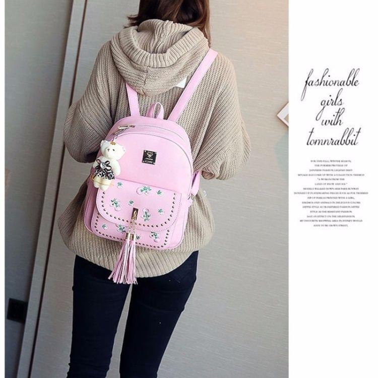 4 in 1 Embroidery Dandelion PU Leather Double Shoulders School Bag Travel Backpack Bag with Bear Doll Pendant (Pink)