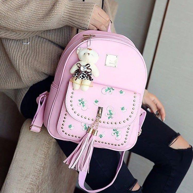 4 in 1 Embroidery Dandelion PU Leather Double Shoulders School Bag Travel Backpack Bag with Bear Doll Pendant (Pink)