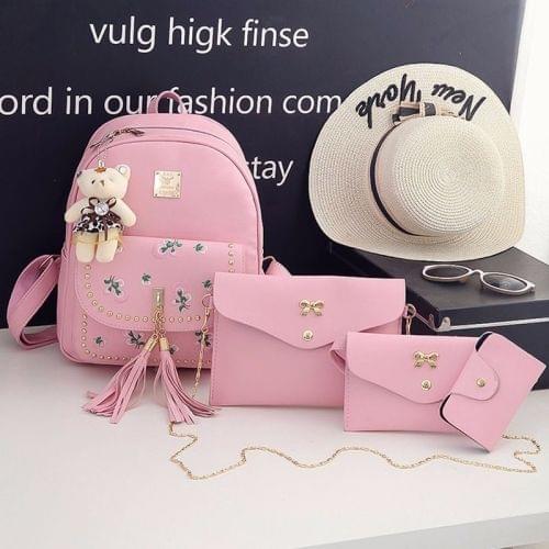 4 in 1 Embroidery Dandelion PU Leather Double Shoulders School Bag Travel Backpack Bag with Bear Doll Pendant (Pink)