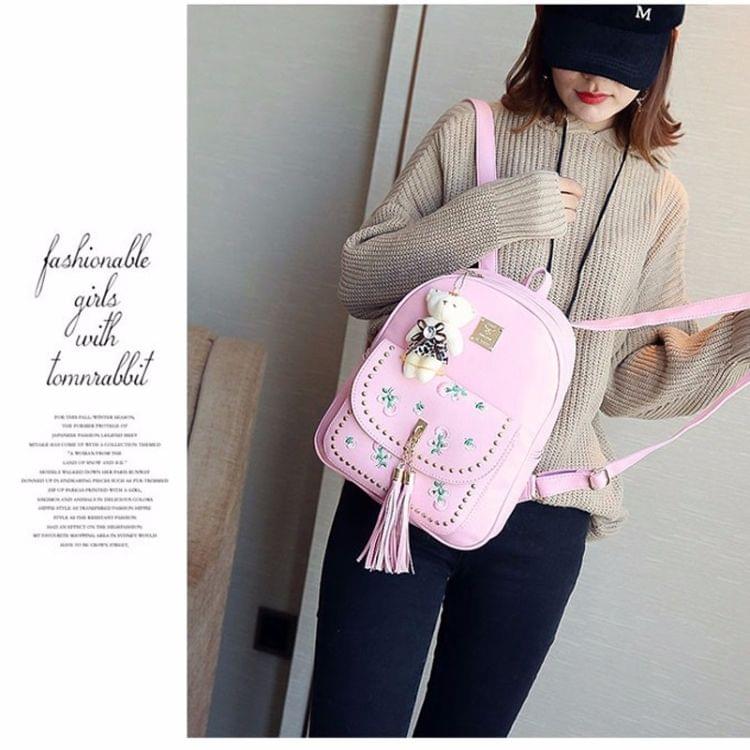 4 in 1 Embroidery Dandelion PU Leather Double Shoulders School Bag Travel Backpack Bag with Bear Doll Pendant (Pink)