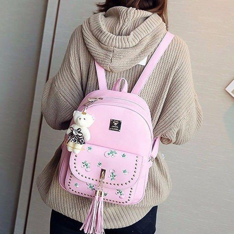 4 in 1 Embroidery Dandelion PU Leather Double Shoulders School Bag Travel Backpack Bag with Bear Doll Pendant (Pink)