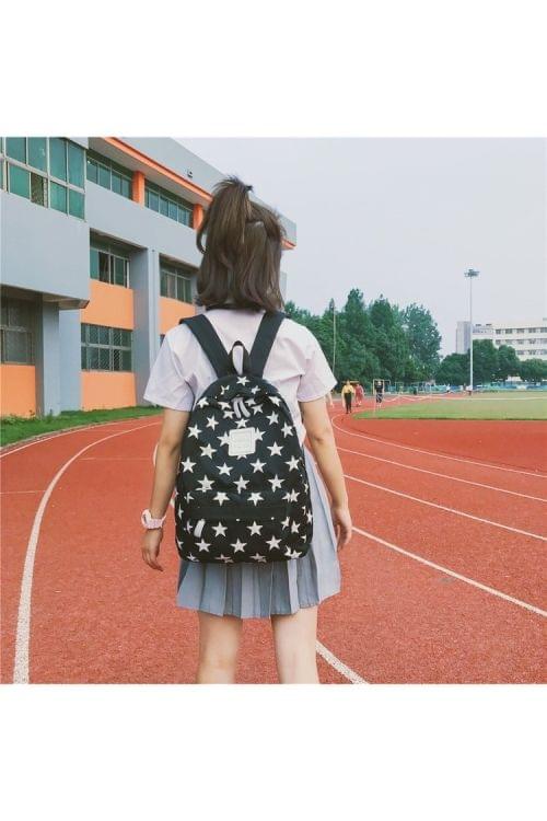 Star Pattern Double Shoulders School Bag Travel Backpack Bag (Color:Black Size: + L)