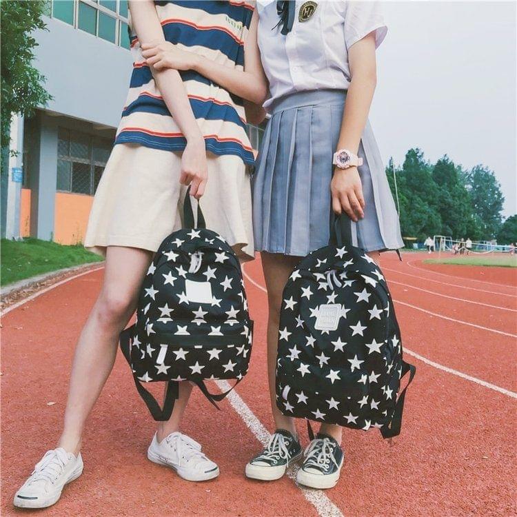 Star Pattern Double Shoulders School Bag Travel Backpack Bag (Color:Black Size: + L)