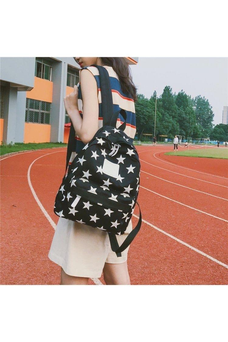 Star Pattern Double Shoulders School Bag Travel Backpack Bag (Color:Black Size: + L)