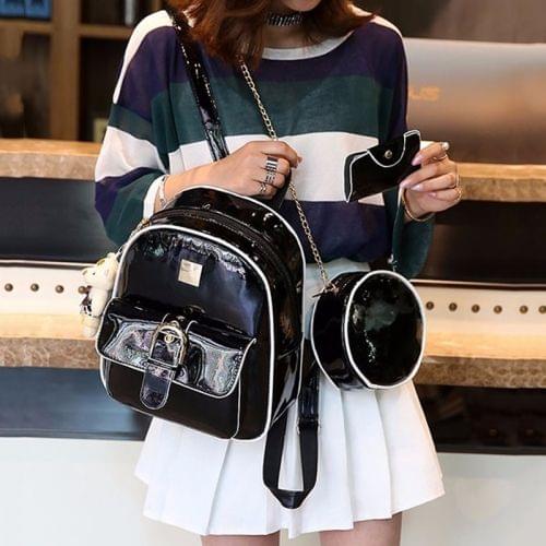 Double Shoulders School Bag Travel Backpack Bag with Bear Doll Pendant (Black)