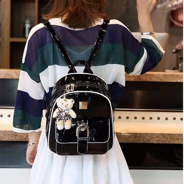 Double Shoulders School Bag Travel Backpack Bag with Bear Doll Pendant (Black)