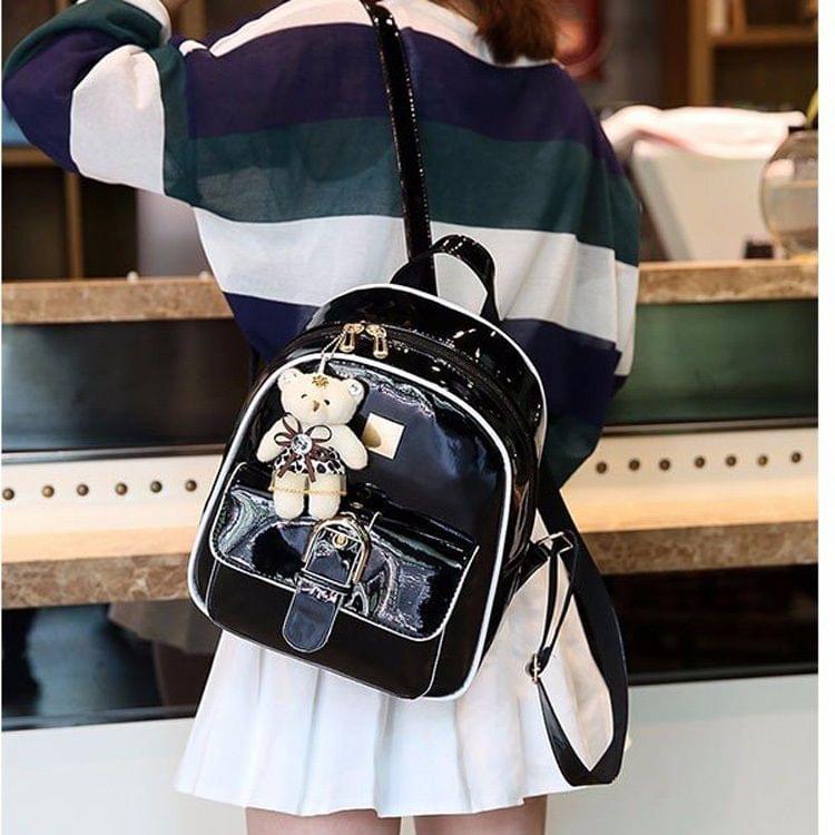 Double Shoulders School Bag Travel Backpack Bag with Bear Doll Pendant (Black)
