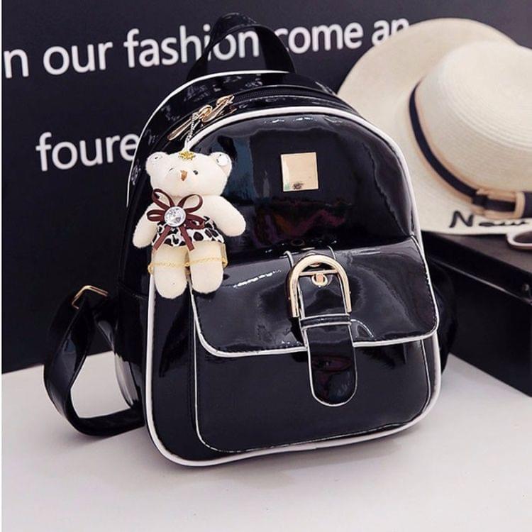 Double Shoulders School Bag Travel Backpack Bag with Bear Doll Pendant (Black)