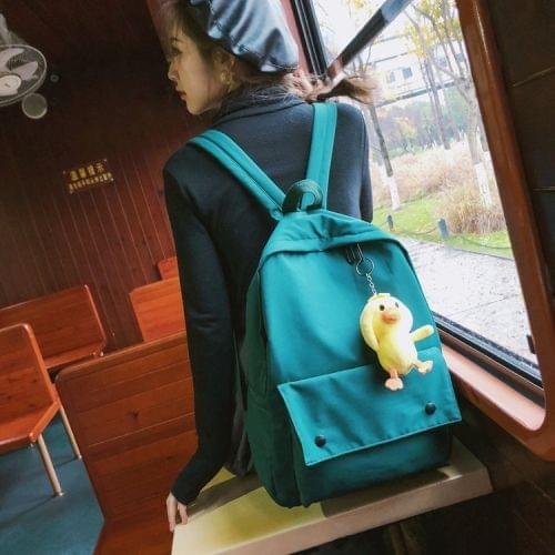 Double Shoulders School Bag Travel Backpack Bag with Duck Doll Pendant (Green)