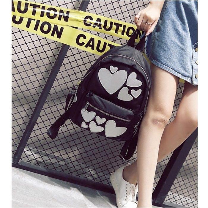 Hearts Pattern Double Shoulders School Bag Travel Backpack Bag (Silver)