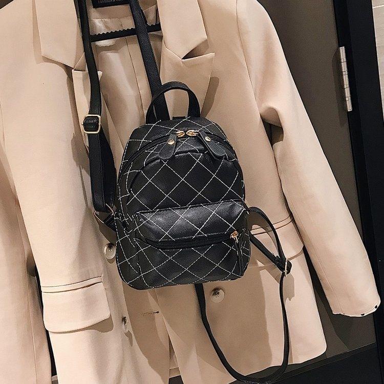 Lingge Embroidered Line Gradient Color Double Shoulders Bag Casual Mini Travel Backpack (Black)