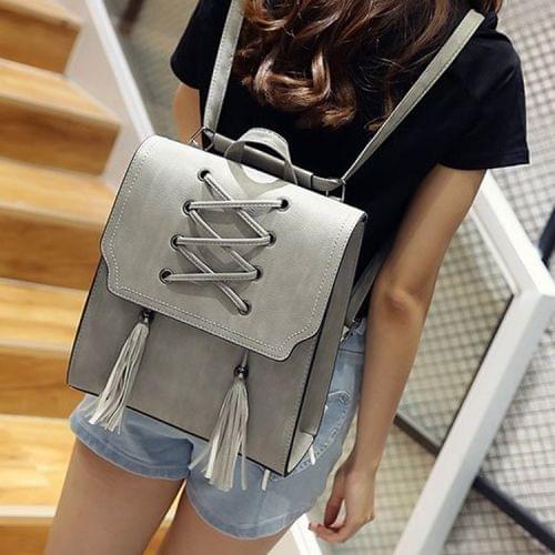 Shoelace Tassel PU Leather Double Shoulders Bag Ladies Handbag (Grey)