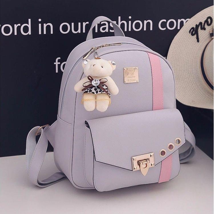PU Leather Double Shoulders School Bag Travel Backpack Bag with Bear Doll Pendant (Gray)