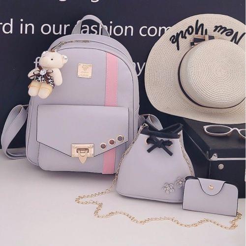 PU Leather Double Shoulders School Bag Travel Backpack Bag with Bear Doll Pendant (Gray)