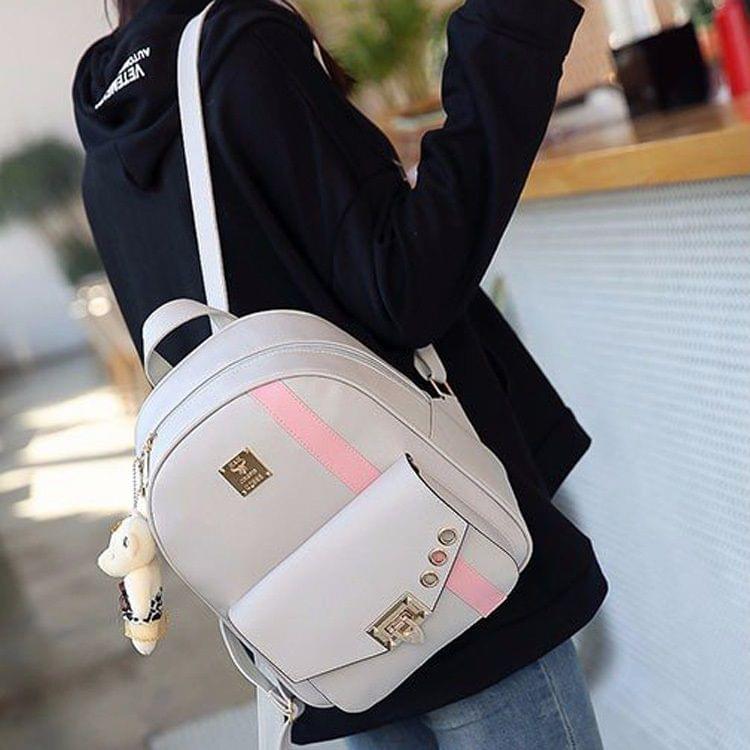 PU Leather Double Shoulders School Bag Travel Backpack Bag with Bear Doll Pendant (Gray)