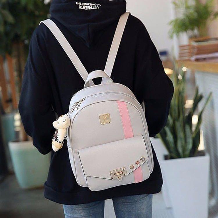 PU Leather Double Shoulders School Bag Travel Backpack Bag with Bear Doll Pendant (Gray)
