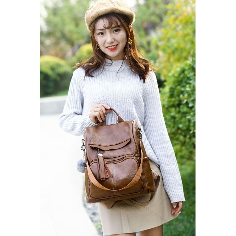 Casual Shoulder PU Leather Backpack Ladies Messenger Bag with Plush Ball (Brown)