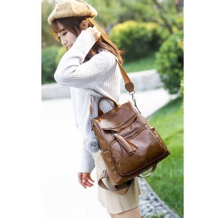 Casual Shoulder PU Leather Backpack Ladies Messenger Bag with Plush Ball (Brown)