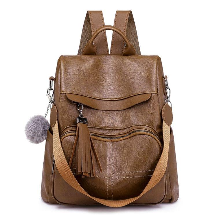 Casual Shoulder PU Leather Backpack Ladies Messenger Bag with Plush Ball (Brown)