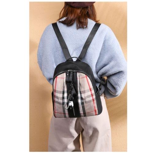 Casual Plaid Pattern Oxford Backpack Lady Handbag with Bear Accessories (Beige)