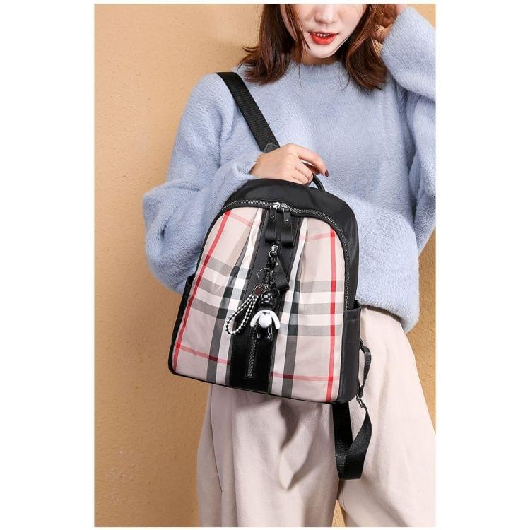 Casual Plaid Pattern Oxford Backpack Lady Handbag with Bear Accessories (Beige)