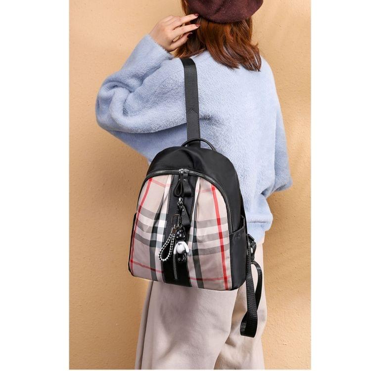Casual Plaid Pattern Oxford Backpack Lady Handbag with Bear Accessories (Beige)
