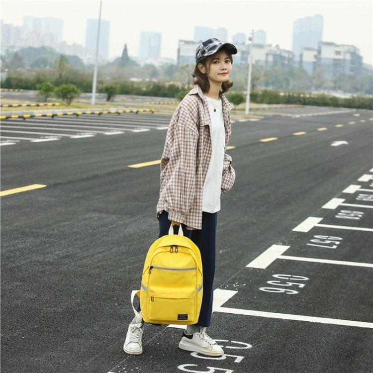Reflective Strip Zipper Nylon Double Shoulders School Bag Travel Backpack Bag (Yellow)