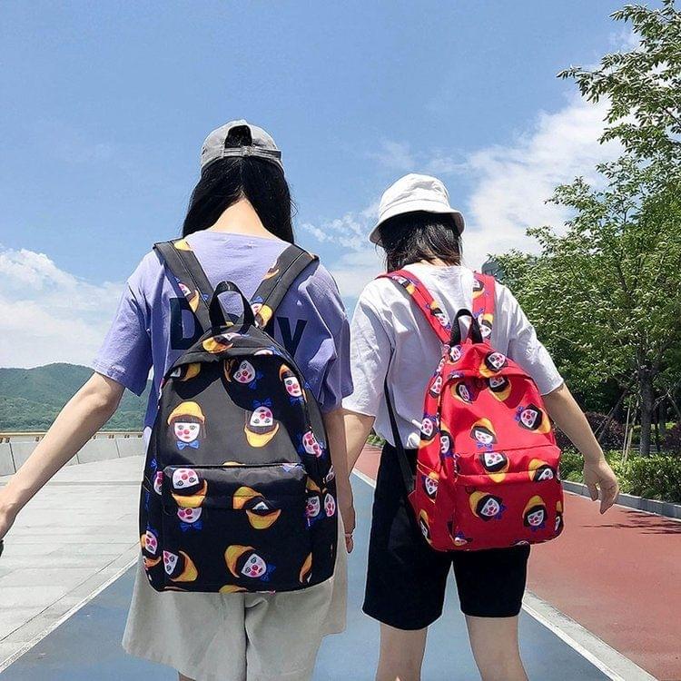Clown Pattern Double Shoulders School Bag Travel Backpack Bag (Red)