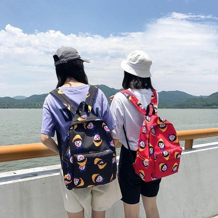 Clown Pattern Double Shoulders School Bag Travel Backpack Bag (Red)