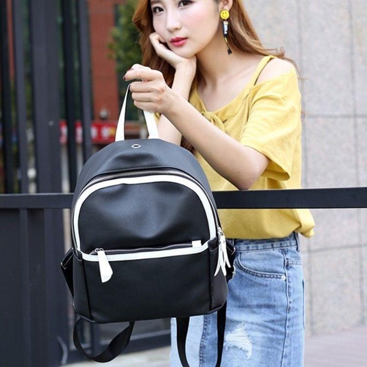 PU Leather Double Shoulders School Bag Travel Backpack Bag with Earphone Line Hole (Black)