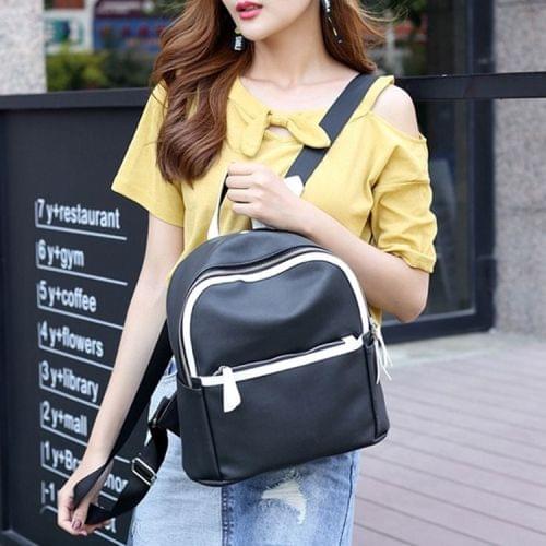 PU Leather Double Shoulders School Bag Travel Backpack Bag with Earphone Line Hole (Black)