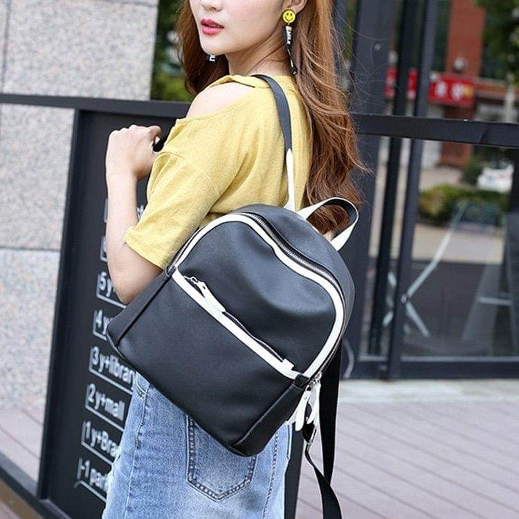 PU Leather Double Shoulders School Bag Travel Backpack Bag with Earphone Line Hole (Black)