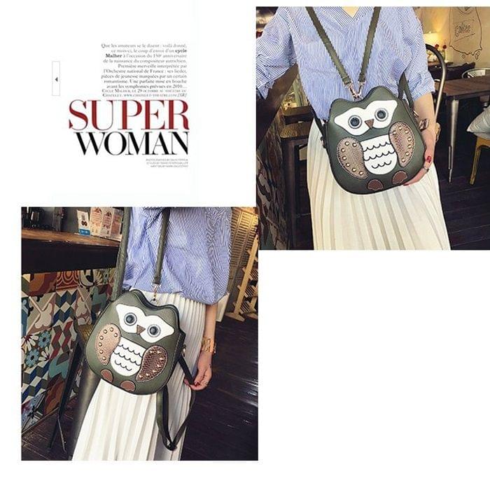 Owl PU Leather Single Double Shoulders Bag Ladies Handbag Messenger Bag (Black)