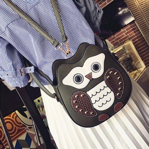 Owl PU Leather Single Double Shoulders Bag Ladies Handbag Messenger Bag (Black)