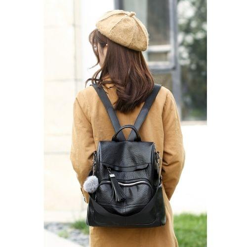 Casual Shoulder PU Leather Backpack Ladies Messenger Bag with Plush Ball (Black)