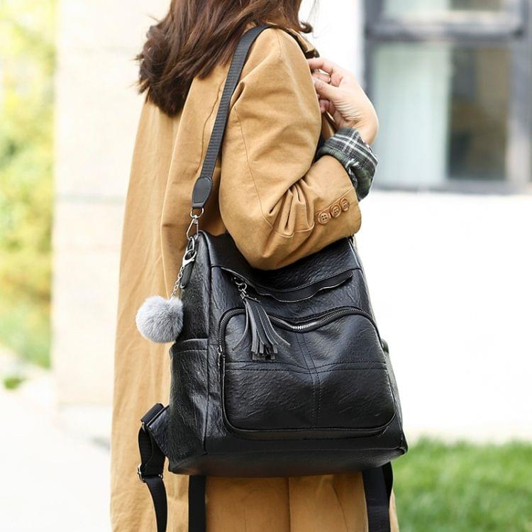 Casual Shoulder PU Leather Backpack Ladies Messenger Bag with Plush Ball (Black)