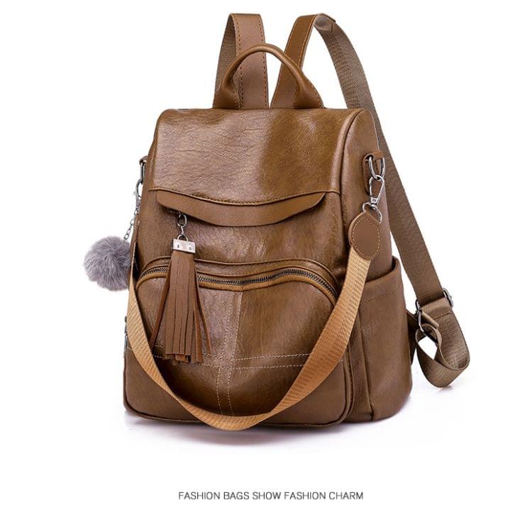Casual Shoulder PU Leather Backpack Ladies Messenger Bag with Plush Ball (Black)