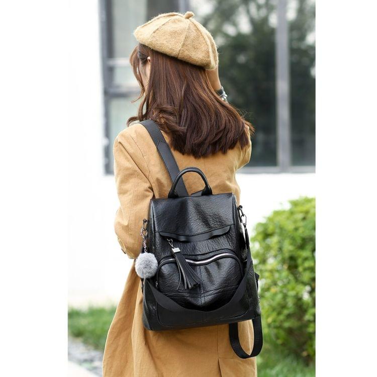 Casual Shoulder PU Leather Backpack Ladies Messenger Bag with Plush Ball (Black)