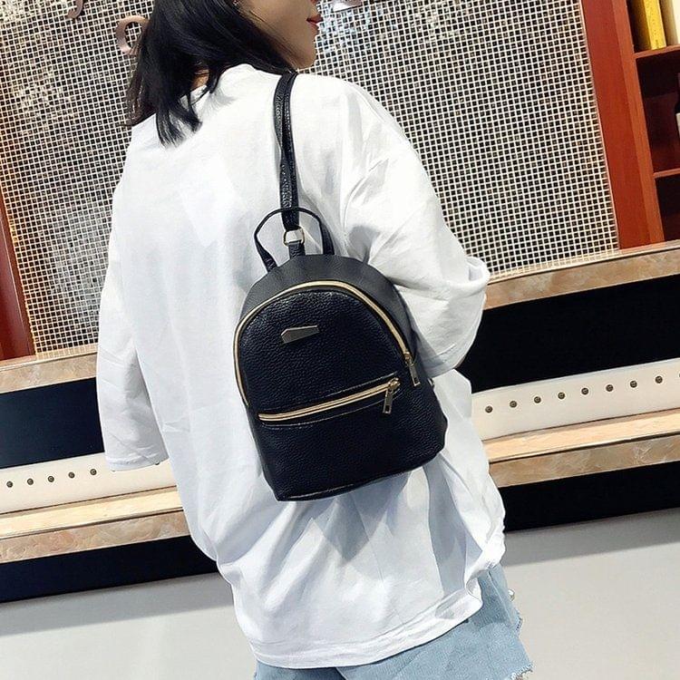 Mini PU Leather Double Shoulders School Bag Travel Backpack Bag (Black)