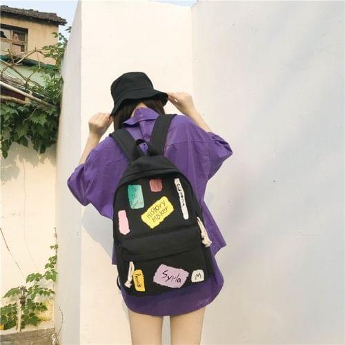 Graffiti Words Pattern Double Shoulders School Bag Travel Backpack Bag (Black)