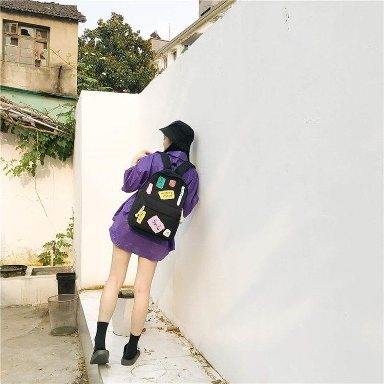 Graffiti Words Pattern Double Shoulders School Bag Travel Backpack Bag (Black)