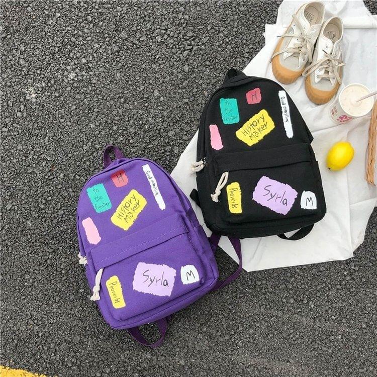 Graffiti Words Pattern Double Shoulders School Bag Travel Backpack Bag (Black)
