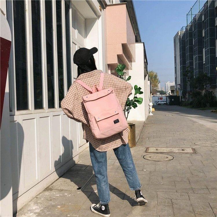 Button Double Shoulders School Bag Travel Backpack Bag (Pink)