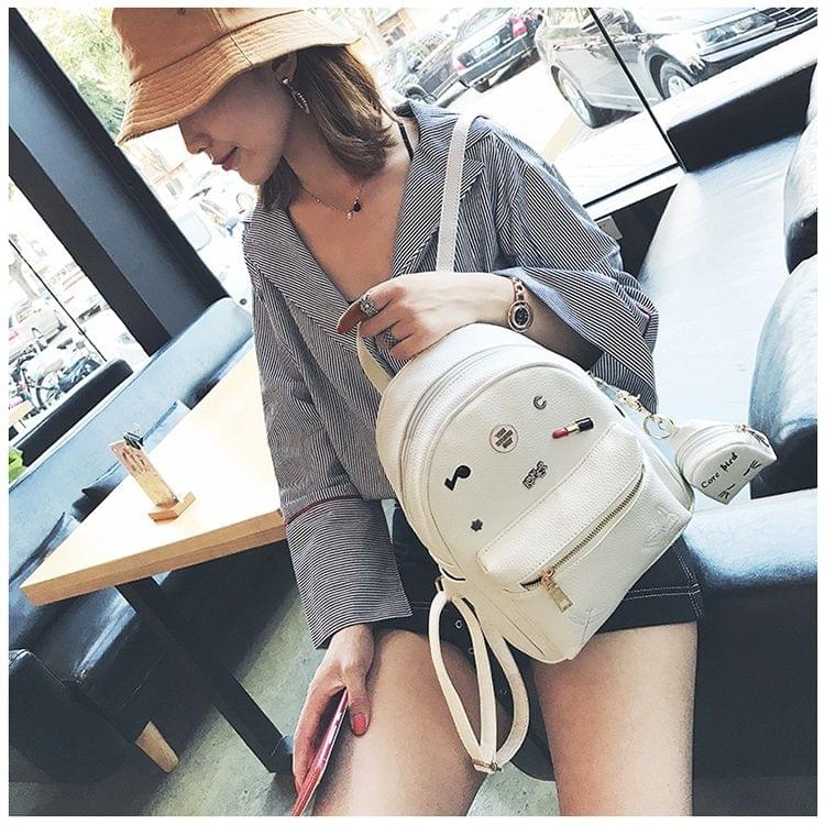 Butterfly and Dragonfly Pattern PU Leather Double Shoulders School Bag Travel Backpack Bag with Small Hang Bag (White)