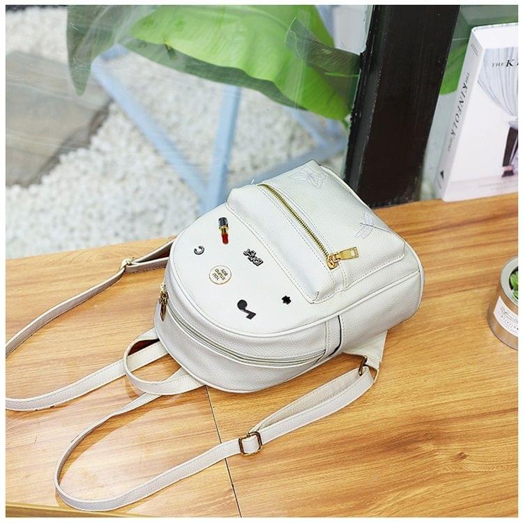 Butterfly and Dragonfly Pattern PU Leather Double Shoulders School Bag Travel Backpack Bag with Small Hang Bag (White)