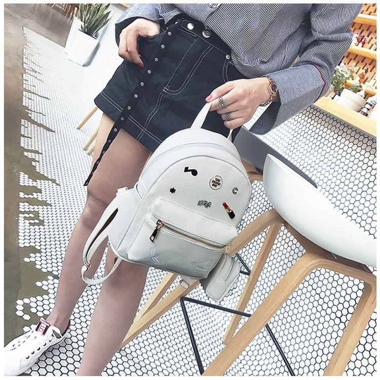 Butterfly and Dragonfly Pattern PU Leather Double Shoulders School Bag Travel Backpack Bag with Small Hang Bag (White)