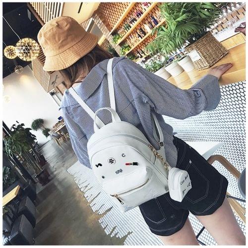 Butterfly and Dragonfly Pattern PU Leather Double Shoulders School Bag Travel Backpack Bag with Small Hang Bag (White)